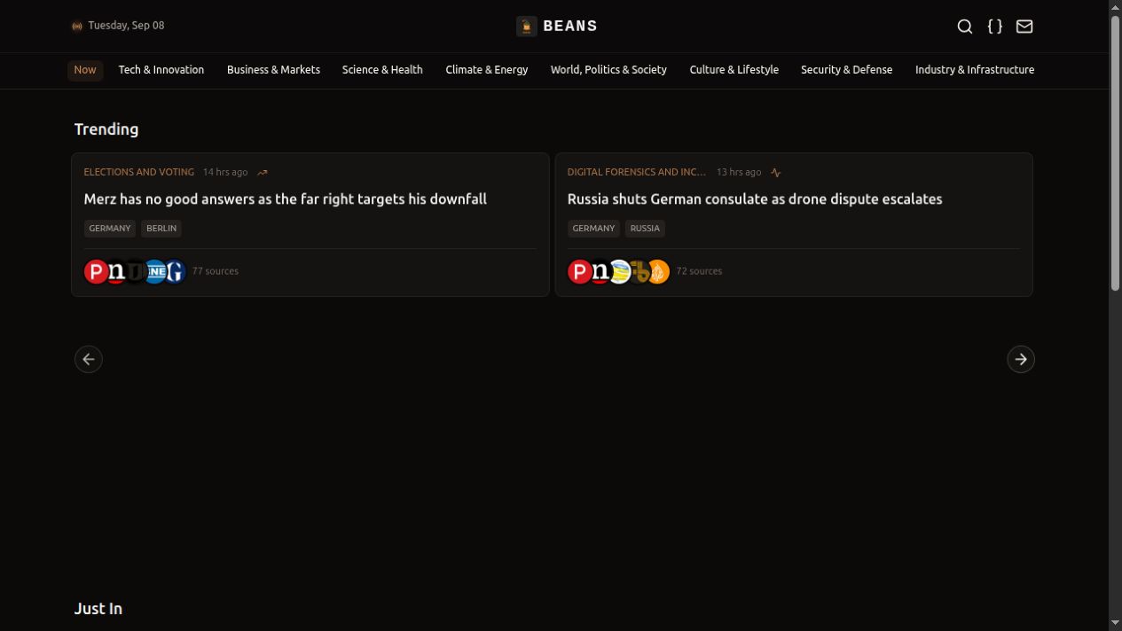 Beans home screen showing Trending and Just In feeds