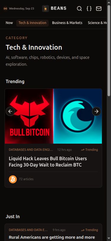 Mobile view of the Beans News App Tech and Innovation feed showing a trending technology story
