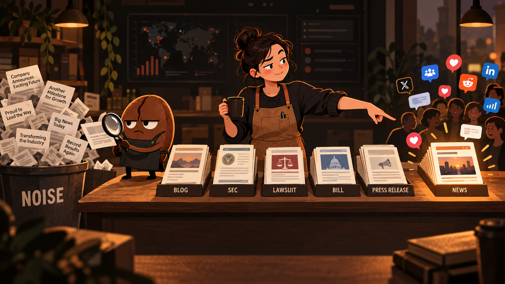 A Beans marketer sorts public information into useful categories while a coffee bean quality inspector rejects the noise